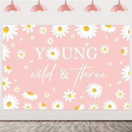 Pink Daisy 3rd Birthday Party Decorations - Young Wild and Three Backdrop, Boho Daisy Flower Birthday Party Photo Photography, Daisy 3rd Birthday Party Decorations for Girls