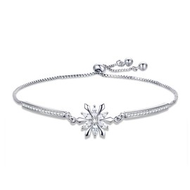 BISAER Snowflake Tennis Bracelets for Women Girls, White Gold Plated Cubic Zirconia Charm Bracelet with Adjustable Chain, Anniversary, Birthday, Mother Day, Women' s Day Bracelet.