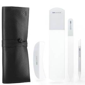 4pcs Manicure Set Genuine Czech Crystal Gray Glass Nail File Moon File Manicure Stick Pedicure Foot Care Bar in Black Leather by GERmanikure