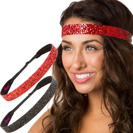 Hipsy Adjustable Non Slip Fashion Wide Bling Glitter Headbands for Women Girls & Teens 2-Pack (Black & Red)