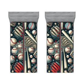 Ambesonne Baseball 2 Pack Fitted Sheet, Traditional Sports Balls, Bed Cover All-Round Elastic Deep Pockets 2 Pieces, Package Contains 2 Twin Size Fitted Sheets, Dark Pink Blue Grey Dusk