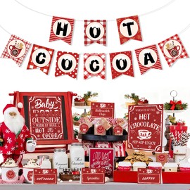Christmas Hot Chocolate Bar Kit Hot Cocoa Banner Supplies Sign Decorations Merry Xmas 18 Toppings Tent Cards 18 Cup Tags Stickers 2 Poster Baby Its Cold Outside Set Winter Holiday New Year Party Decor