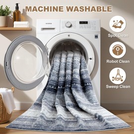 Nakagishi 8x10 Area Rugs Living Room: Washable Boho Large Neutral Soft Modern Rug Stain Resistant Moroccan Non Slip Indoor Floor Carpet for Bedroom Nursery Kids Playroom Office Dining Room- Blue