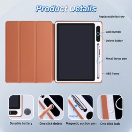 10inch LCD Writing Tablet with PU Protective Cover Electronic Writing Notebook Erasable Drawing Board for Kids Adults at Home Office Work(Brown)