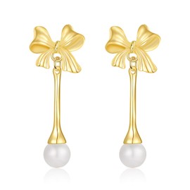 Bow Pearl Earrings for Women，925 Silver Earrings for Women Lightweight Pearl Dangle Earrings Trendy Bow Earrings for Women