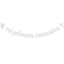 Mi Primera Comunion Banner, Spanish First Communion Sign, My Baptism, Confirmation, Wedding, Baby Shower Party Decorations, Silver Glitter