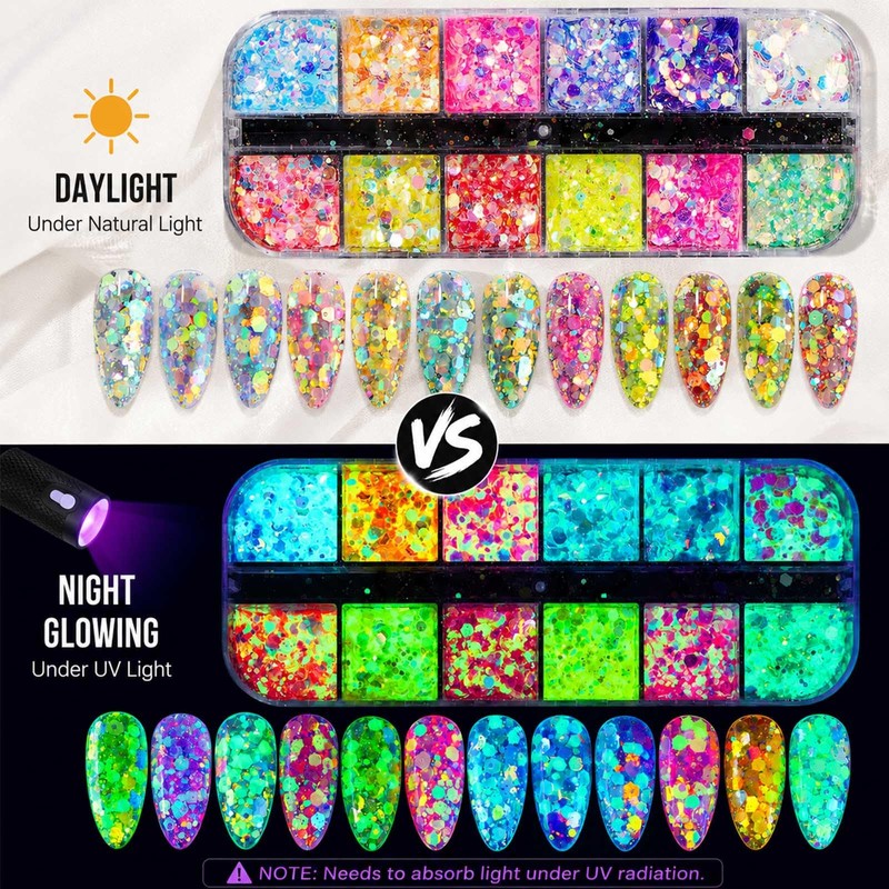 Fluorescent Nail Glitter Sequins Set for Gel Nails, Halloween Flakes