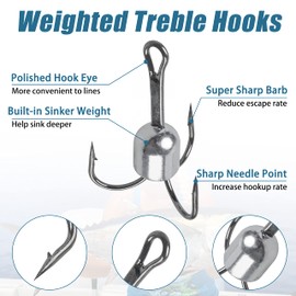 Snagging Hooks Weighted Treble Hooks - 4PCS/8PCS Sharp Treble Fishing Hooks with Weight for Bass Salmon Gator (8pcs, 5/0)