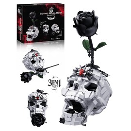 Skull Black Rose Flower Building Set, 3 in 1 Gothic Horror Decor Botanical Artificial Flowers Collection Toys, Ideal Home Office Decoration & Christmas Valentine's Day Gifts for Adults, Women