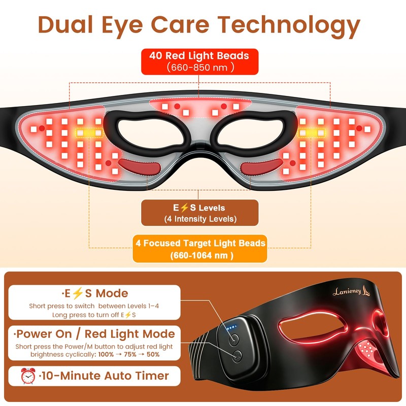 Cordless Red Light for Eyes, Under-Eye Mask, Eye Massager, Black