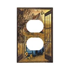 Fall Western Farmhouse Cow 1 Gang Outlet Plate Covers Decorative Single Duplex Wall Plate Barn door Blue Truck Electrical Receptacle Light Switch Cover Art Faceplate Switchplate for Home Decor