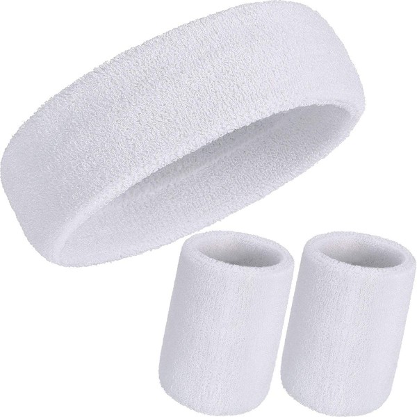 3 Pieces Sweatbands Set, Includes Sports Headband and Wrist Sweatbands Cotton Striped Sweat Band for Athletic Men and Women (White)