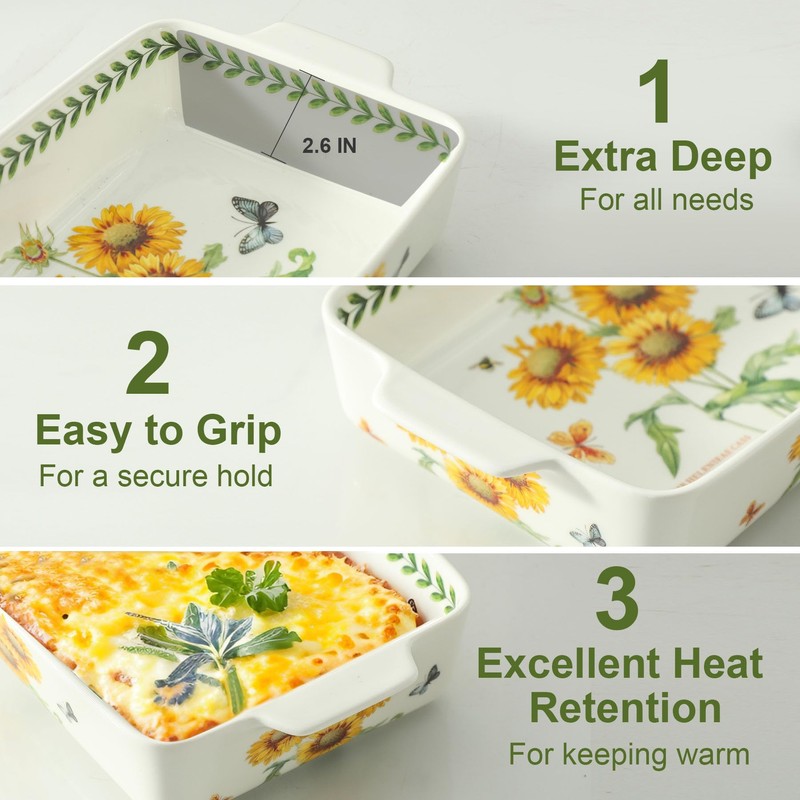 Howise Ceramic Sunflower Baking Casserole Dish with Handles,Large 2 pieces