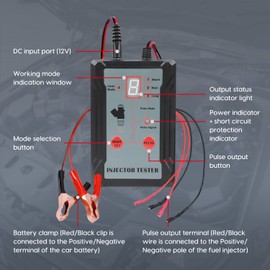 MR CARTOOL Car Injector Tester 12 V Automotive Fuel Injector Tester 8 Pulse Modes Fuel Injector Tester Injector Cleaning Set with 4 Adapters, Synchronous Test of 2 Injectors, 1 M Cable