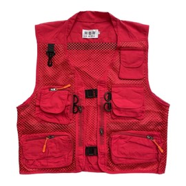 Rizanee Men Mesh Breathable Multi-Pocket Vest Outdoor Travelers Fly Fishing Photography (Red, US XS/Tag M)