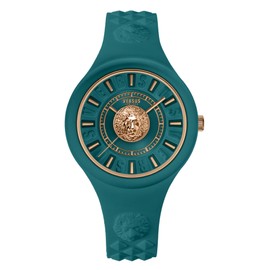 Versus Versace Fire Island Lion Collection Luxury Womens Watch Timepiece with a Teal Strap Featuring a Green Case and Teal Dial