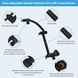 Hibbent All Metal Upgraded 16 Inch Shower Head Extension Arm with 3-way G1/2 Shower Diverter Valve, Brass Flexible Height & Angle Adjustable Stainless Steel Shower Extender, Matte Black