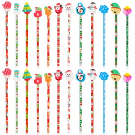 Qpout Pack of 24 Christmas Pencils with 24 x Erasers, Christmas Pens for Children, Christmas Pencils and Eraser, Christmas Pens for Children, Gifts, Bag Filler
