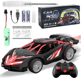 SwordRain 1/18 RC Car for Kids with Rechargeable Battery, LED Lights & Spray - Remote Control Car for Boys, Small RC Drift Cars for Ages 4-7 (Black & Red)