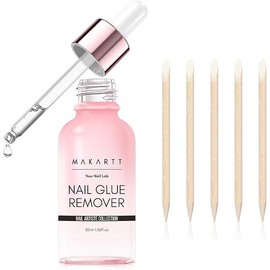 Makartt Press on Nail Glue Remover: Updated Formula with Vitamin E | Glue Debonder with 5 Wooden Sticks,1 Dropper Applicator for Quicker Application,Non-Acetone,Hema-free Glue off 30 ml