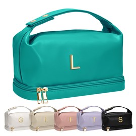 Vogewood Graduation Present for Women Unique, Makeup Bag with Handle, Initial Double Layer Cosmetic Bag with Makeup Brush Organizer, Cute Cosmetic Pouch for Women, Gifts for Friend Female Mom