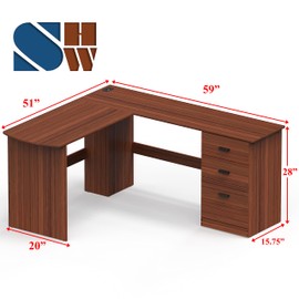 SHW L-Shaped Home Office Wood Corner Desk with 3 Drawers, Walnut