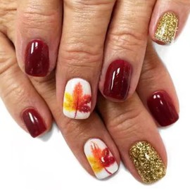 Gradient Maple Leaves Press on Nails Short Square Fall Thanksgiving False Nails Gold Glitter Powder Design Red Stick on Nails Full Cover Glossy Acrylic Nails Glue on Nails for Women Festival Nails