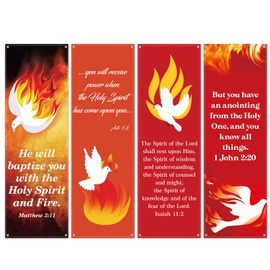 Hosuly 4 Pcs Church Banners for Sanctuary Wall Holy Spirit Pentecost Banners with Scripture Worship Welcome Inspirational Religious Praise Hanging Signs for Church Decor