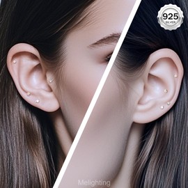 Melighting 16G Tragus Stud Sterling Sliver 925 Cartilage Earring Internally Threaded Labret Stud Flat Back Earring 8 mm Helix Piercing 3 mm