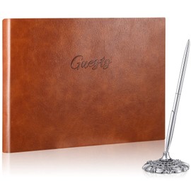 Geyee Leather Guest Book and Pen Stand Set, 10.5" x 8" Embossed Guests Sign in Book Registry Book for Funeral, Wedding Reception, Vacation Homes and Events, 80 Sheets (Brown)