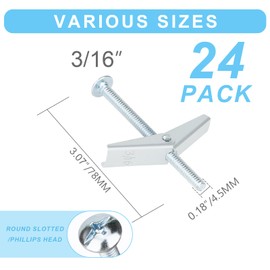 24Pcs Hollow Wall Anchors 3/16” Heavy Duty Butterfly Anchors for Drywall, Toggle Bolts and Wing Nut Kit, Metal Drywall Anchors and Screws Assortment Set