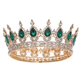 FORSEVEN Queen Crown Rhinestone Wedding Crowns and Tiaras for Women Costume Party Hair Accessories Princess Birthday Crown Crystal Bridal Crown (Gold+Green)
