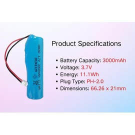 3.7V 3000mAh Li-ion Battery with PH2.0 & DIY USB-C - Easy Modification for Arduino Projects, Bluetooth Speakers, Solar Lights, RC Toys，LED Strips