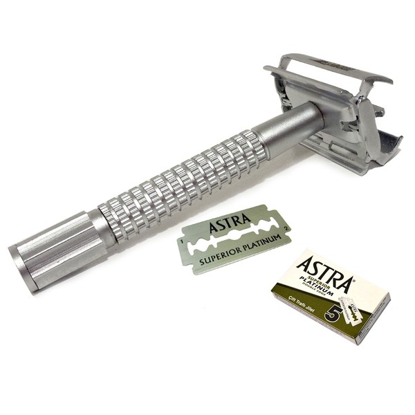 CS-305 Classic Samurai Butterfly Twist to Open Double Edge Safety Razor with 5 Astra Superior Platinum Double Edge Safety Razor Blades (+5 Astra)