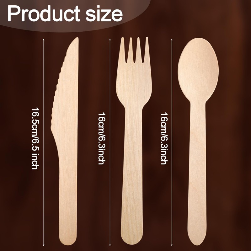LemonRoad 300 Sets Wooden Cutlery Set Bulk Disposable Individually Wrapped