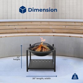 SereneLife Smokeless Wood Fire Pit, Steel BBQ Grill Fire Pit Bowl with Mesh Spark Screen, Log Grate, Fire Poker, and Cover, Heat-Resistant Coating, Perfect for Outdoor Entertaining, 26”x26”x22”