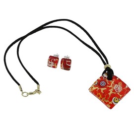 GlassOfVenice Murano Glass Venetian Reflections Necklace and Earrings Set - Red Gold