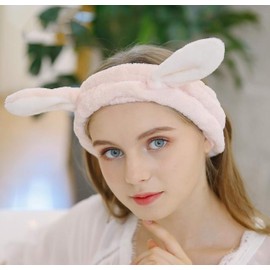 Chinshwehaw Women's Cute Rabbit Ears Makeup Fashion Plush Hairband Fashion Cute Fluffy Elastic Makeup Headband Hairband for Shower, Face Washing, Facial Mask, Spa, Cosplay, Party (Purple)