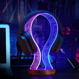 Lampeez Headphone Stand Headset Holder with Blue Pink LED Night Light Walnut Wood for Gamers, Music Lovers Gift Idea