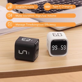 Cuteefun Pomodoro Timer, Rotating Cube Timer, 5/10/30/60 Minutes & Countdown, Digital Egg Timer with Vibration, Short Timer with Adjustable Sound for Children, Kitchen, Sports, Study, Work, Black
