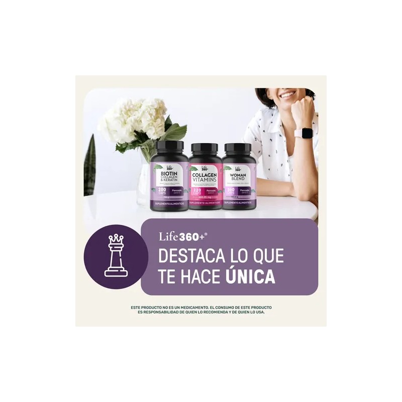 Biotina y Queratina Life 360+ Colageno Hidrolizado 200 cápsulas