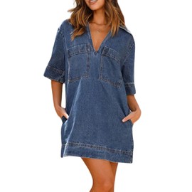 chouyatou Women's Summer Loose Fit V-Neck Sexy Mini Denim Dress Cute Jean Tunic Dress with Pockets (X-Large, Dark Blue)