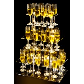 Champagne Display Holder Stand for Party, With 32 Slots, 3 Tier Clear Acrylic Wine Glass Stemware Rack Champagne Flute Holder with Led Light, Measures 26" x 20" x 12"