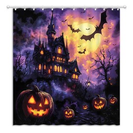 YOZSLGU Purple Halloween Shower Curtain Spooky Castle Haunted House, 70x70