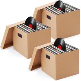 Fullhawl 3 Pcs Vinyl Record Storage Box Cardboard 14" x 14" x 13" Moving Box with Handles and Removable Lids Document File Folder Organizer for Album Vinyl Records Collections Storage