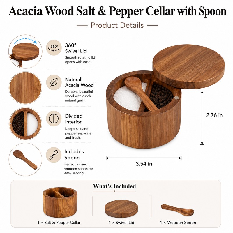 Acacia Wood Salt and Pepper Cellar with Spoon - 360°