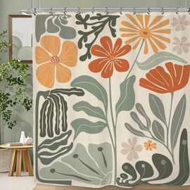 Kalmico Retro Flower Matisse 70 - Cortina de ducha de 72 pulgadas de ancho x 72 pulgadas de largo, colorido Groovy, clásico, moderno, funky salvia, verde, naranja, juego de accesorios de baño