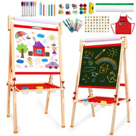 Easel for Kids, Adjustable Art Toddler Easel for 3 4 5 6 7 8 Year Old Wooden Double-Sided Magnetic Easels with Paper Roll Drawing Whiteboard & Chalkboard Painting Board Age 3-5 4-8 8-12 Boy Girl Gifts