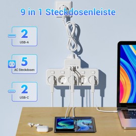 LEUTED 9 in 1 Steckdosenleiste mit USB,5 Fach Steckdose mit 2 USB A & 2 USB C, Mehrfachsteckdose Einzeln Schalter für Küche Wohnzimmer Büro Schlafzimmer, Steckdosenleiste Wandmontage mit 2M Kabel,Weiß