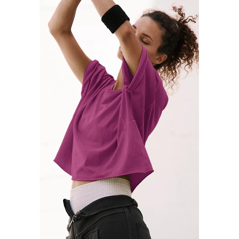 HUGOOME Womens Oversized Workout Crop Top Casual Short Sleeve Purple